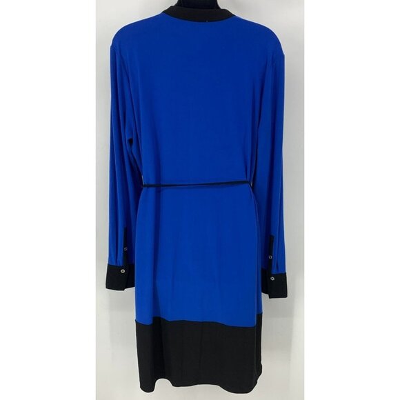 Calvin Klein Women Dress Size Large Blue Black Colorblock Long Sleeve Button Tie - Picture 4 of 7